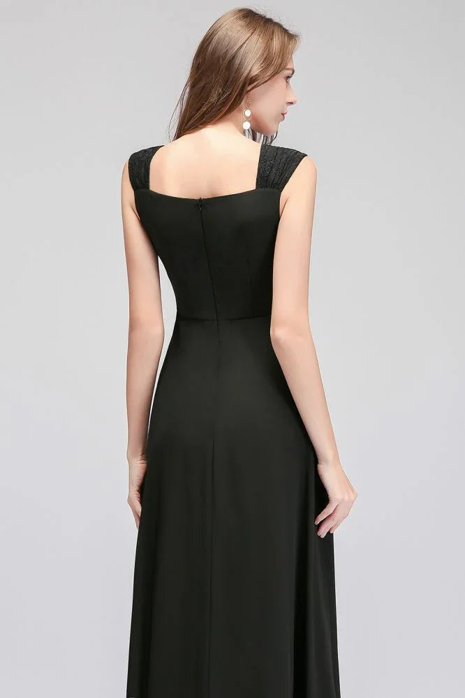 Vestidos de Dama de Honra Pretos em Chiffon com Folhos e Sem Mangas