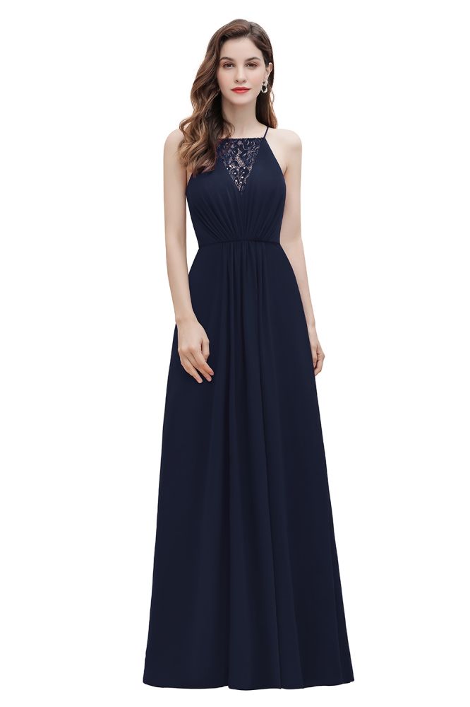 Vestido largo de noche con escote barco y lentejuelas de gasa para dama de honor