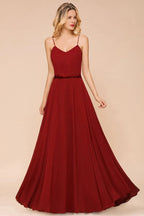 Spaghetti Chiffon Bridesmaid Dress Backless Burgundy Floor-Length Beach Wedding Dress