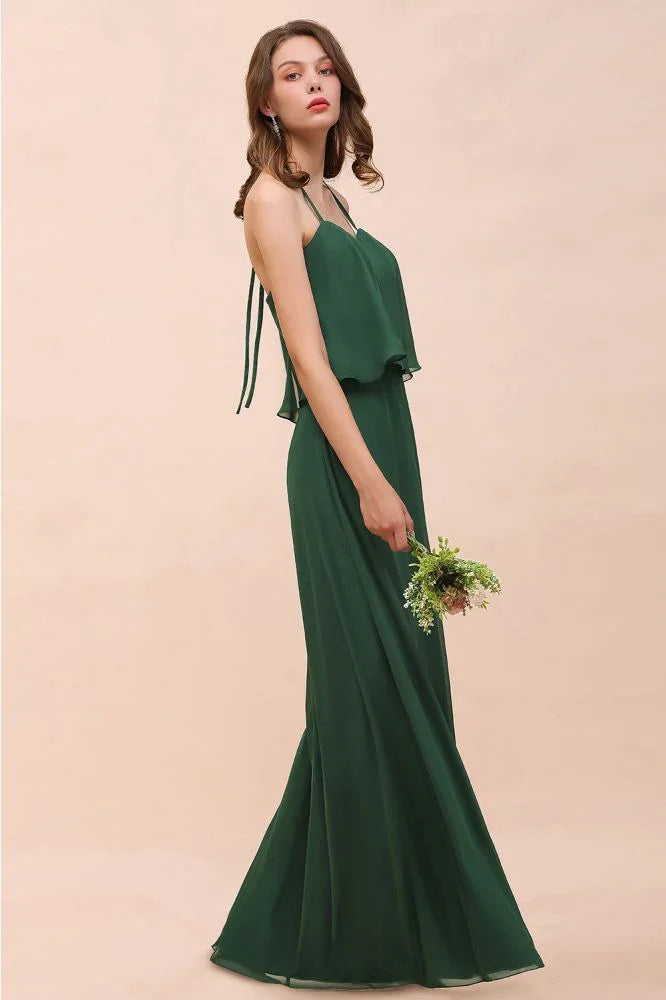 Spaghetti Chiffon Bridesmaid Dress Dark Green Maid of Honor Dress Floor Length