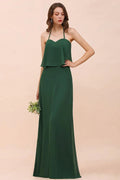 Spaghetti Chiffon Bridesmaid Dress Dark Green Maid of Honor Dress Floor Length