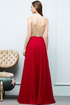 Abiti da sera color bordeaux con perline, linea a trapezio, lunghezza fino al pavimento, stile spaghetti