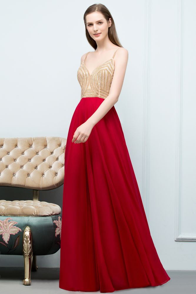 Abiti da sera color bordeaux con perline, linea a trapezio, lunghezza fino al pavimento, stile spaghetti