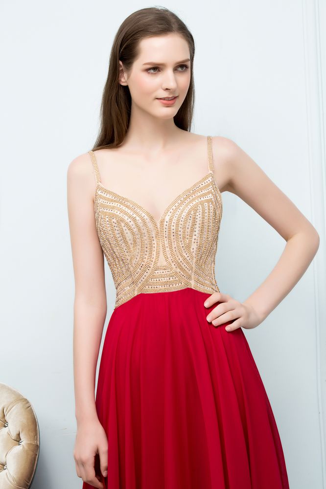 Abiti da sera color bordeaux con perline, linea a trapezio, lunghezza fino al pavimento, stile spaghetti