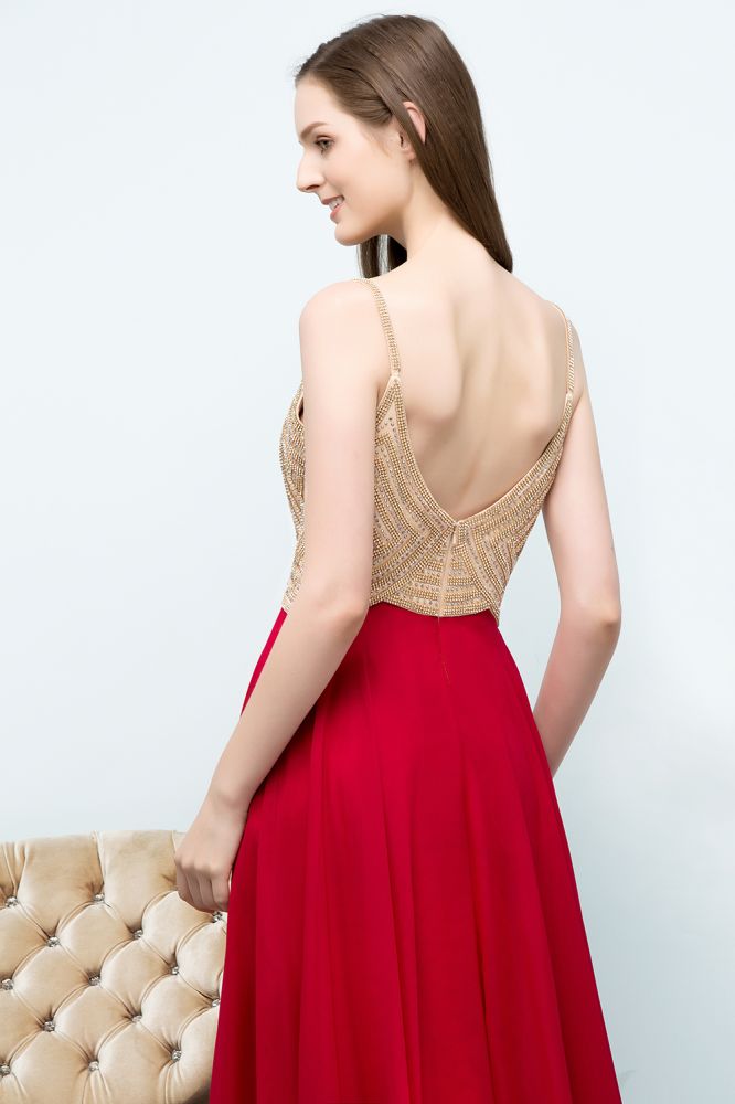 Abiti da sera color bordeaux con perline, linea a trapezio, lunghezza fino al pavimento, stile spaghetti