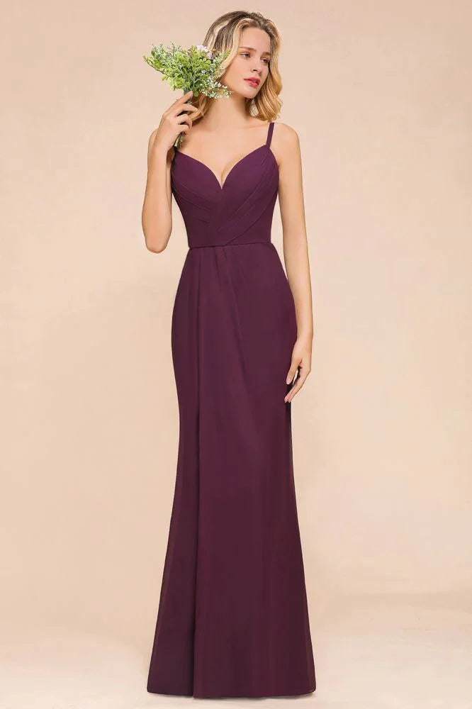 Spaghetti Mermaid Bridesmaid Dress Chiffon Simple Floor Length Party Gown