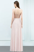 Spaghetti Sequined Top A-line Floor Length Chiffon Prom Dresses