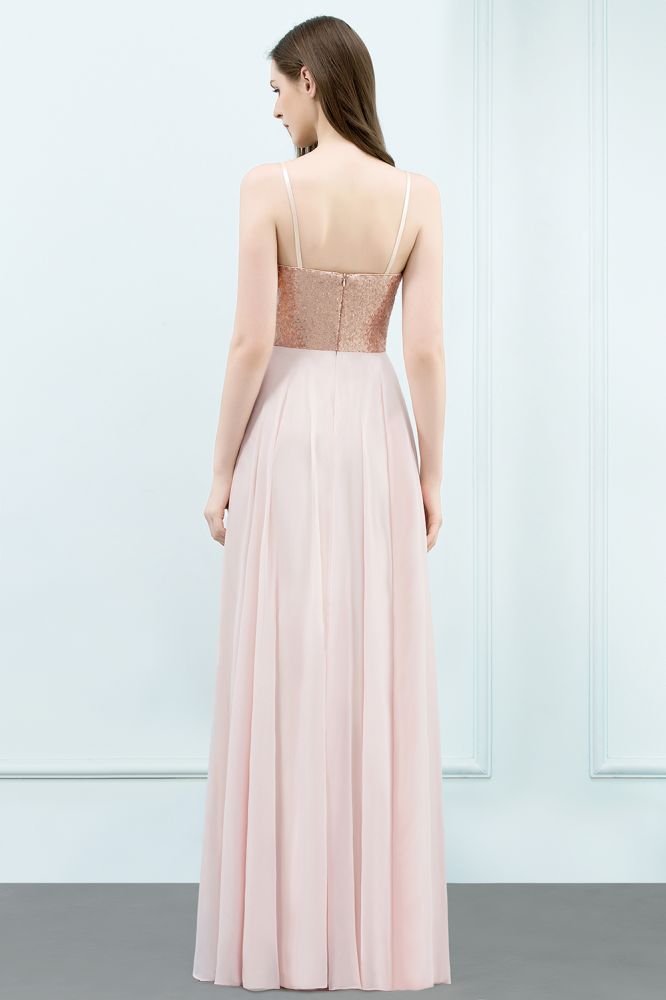 Spaghetti Sequined Top A-line Floor Length Chiffon Prom Dresses