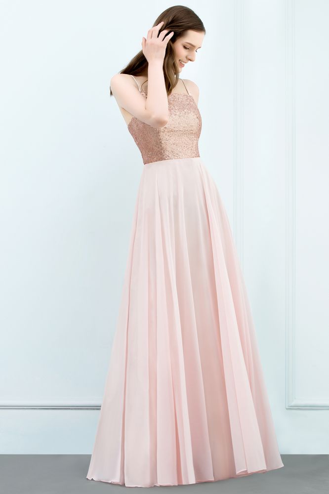 Spaghetti Sequined Top A-line Floor Length Chiffon Prom Dresses