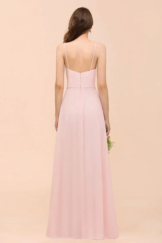 Vestido de Dama de Honra Rosa com Fenda Lateral de Esparguete Vestido de Casamento Simples para Praia