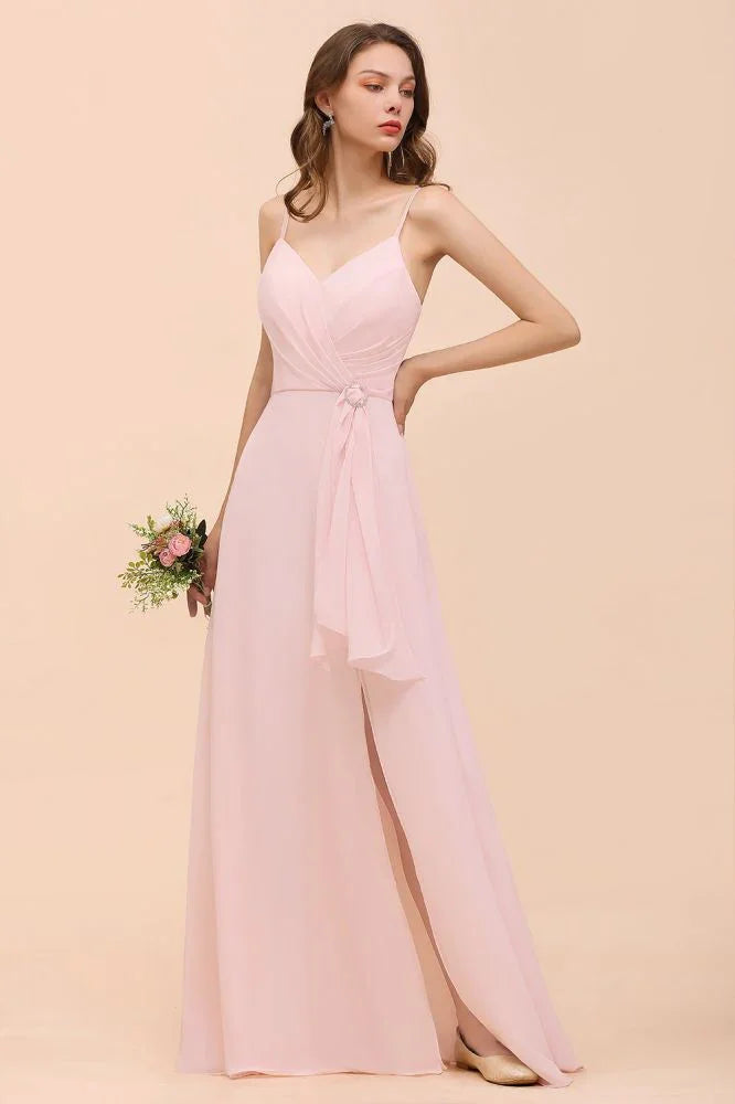 Vestido de Dama de Honra Rosa com Fenda Lateral de Esparguete Vestido de Casamento Simples para Praia