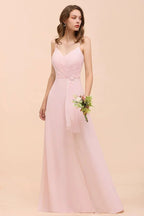Vestido de Dama de Honra Rosa com Fenda Lateral de Esparguete Vestido de Casamento Simples para Praia