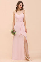 Vestido de Dama de Honra Rosa com Fenda Lateral de Esparguete Vestido de Casamento Simples para Praia