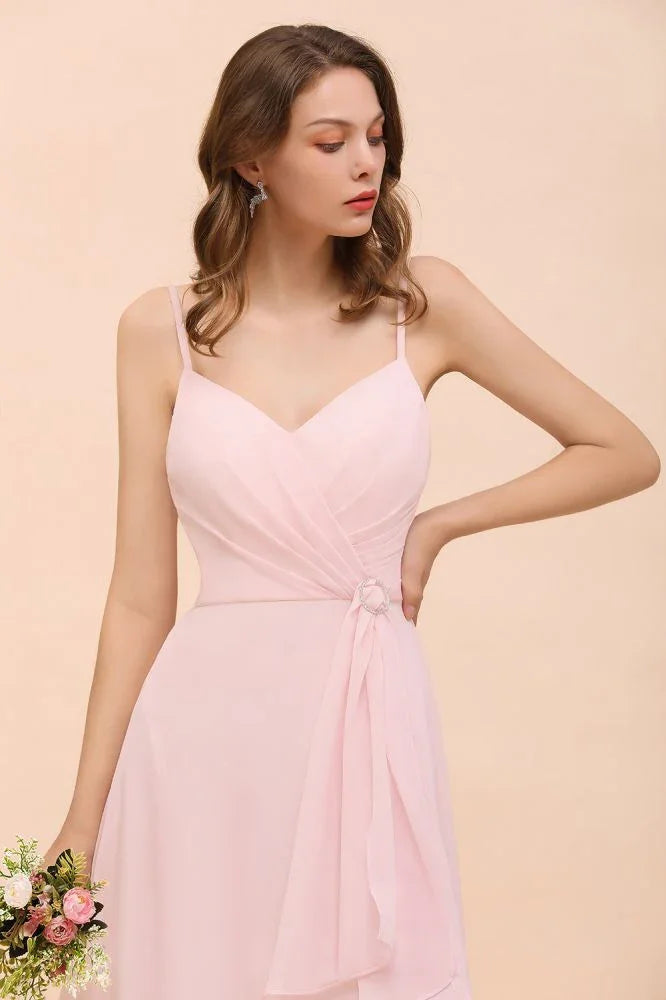 Vestido de Dama de Honra Rosa com Fenda Lateral de Esparguete Vestido de Casamento Simples para Praia