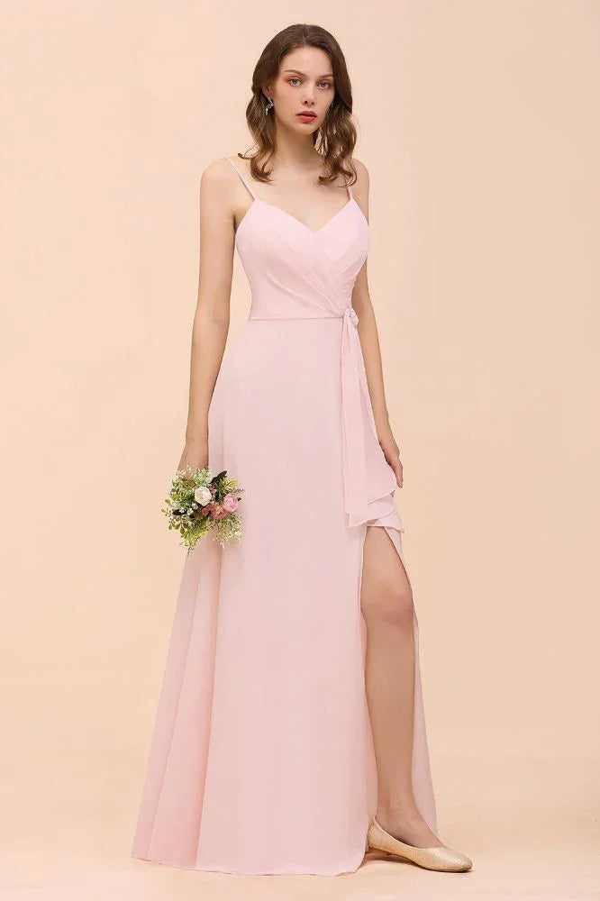 Vestido de Dama de Honra Rosa com Fenda Lateral de Esparguete Vestido de Casamento Simples para Praia