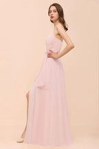 Vestido de Dama de Honra Rosa com Fenda Lateral de Esparguete Vestido de Casamento Simples para Praia
