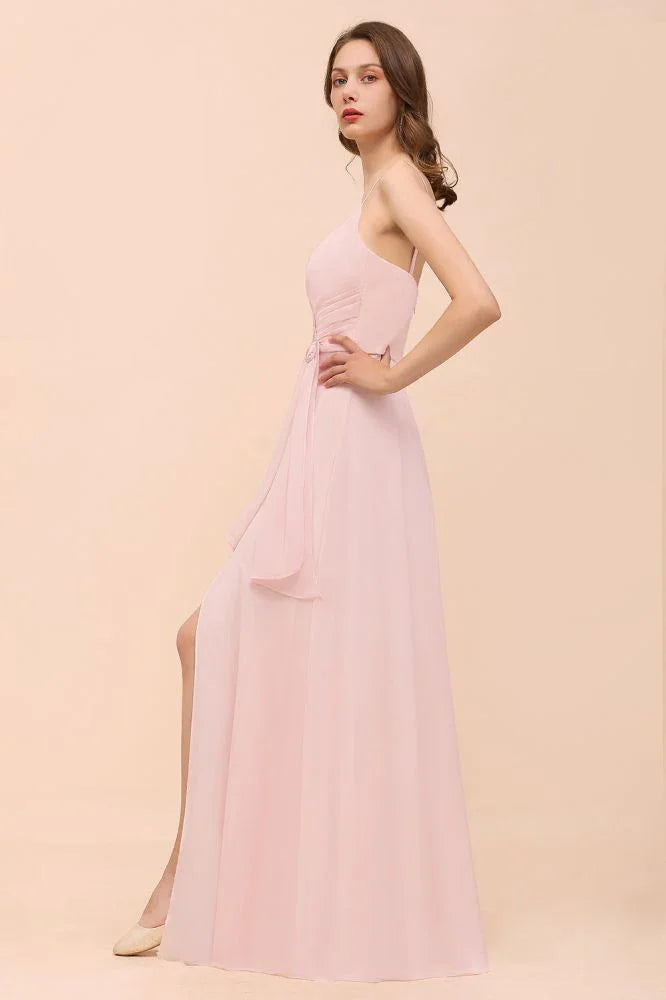 Vestido de Dama de Honra Rosa com Fenda Lateral de Esparguete Vestido de Casamento Simples para Praia