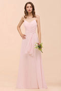Vestido de Dama de Honra Rosa com Fenda Lateral de Esparguete Vestido de Casamento Simples para Praia