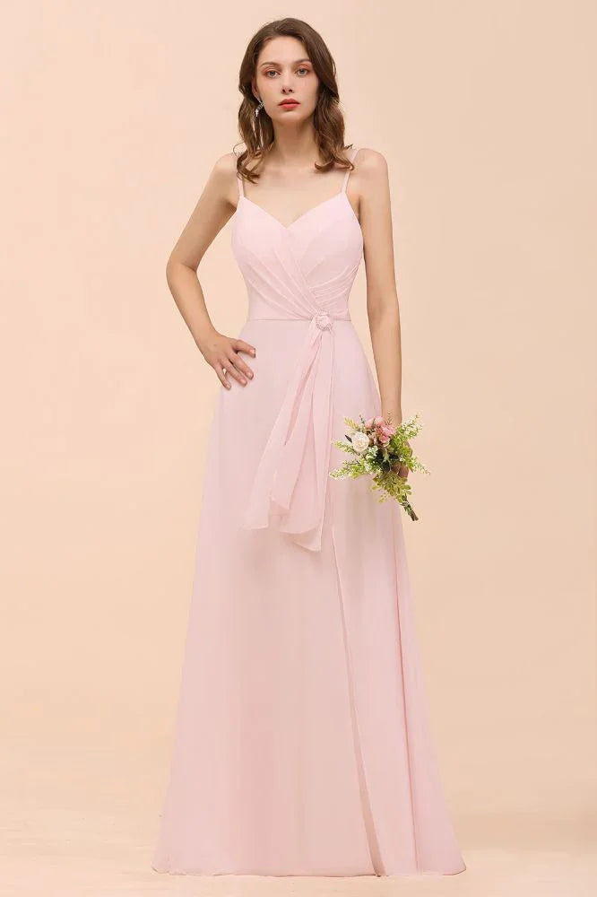 Vestido de Dama de Honra Rosa com Fenda Lateral de Esparguete Vestido de Casamento Simples para Praia