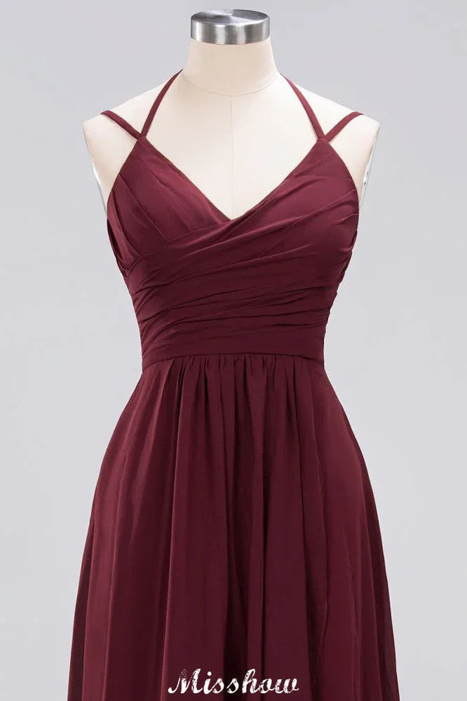 Spaghetti Sleeveless Ruffles A-line Chiffon Bridesmaid Dresses Straps Evening Maxi Dress