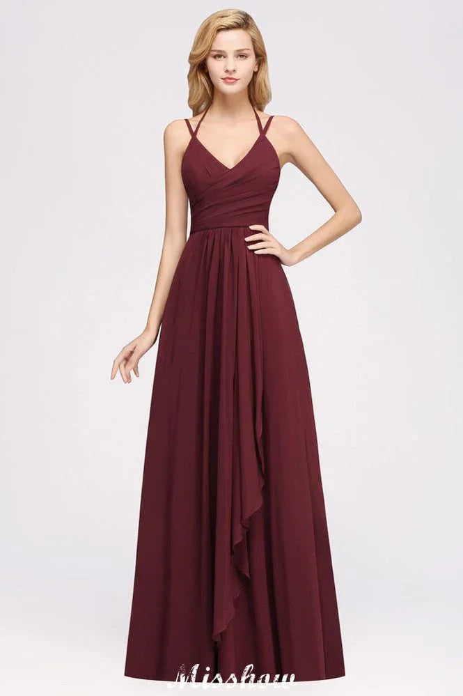 Spaghetti Sleeveless Ruffles A-line Chiffon Bridesmaid Dresses Straps Evening Maxi Dress