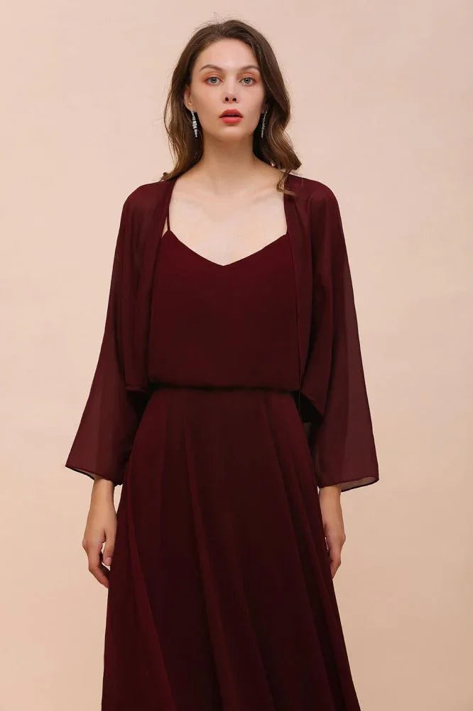 Spaghetti Sraps Burgundy Bridesmaid Dress with Wraps Floor Length Wedding Guest Dres