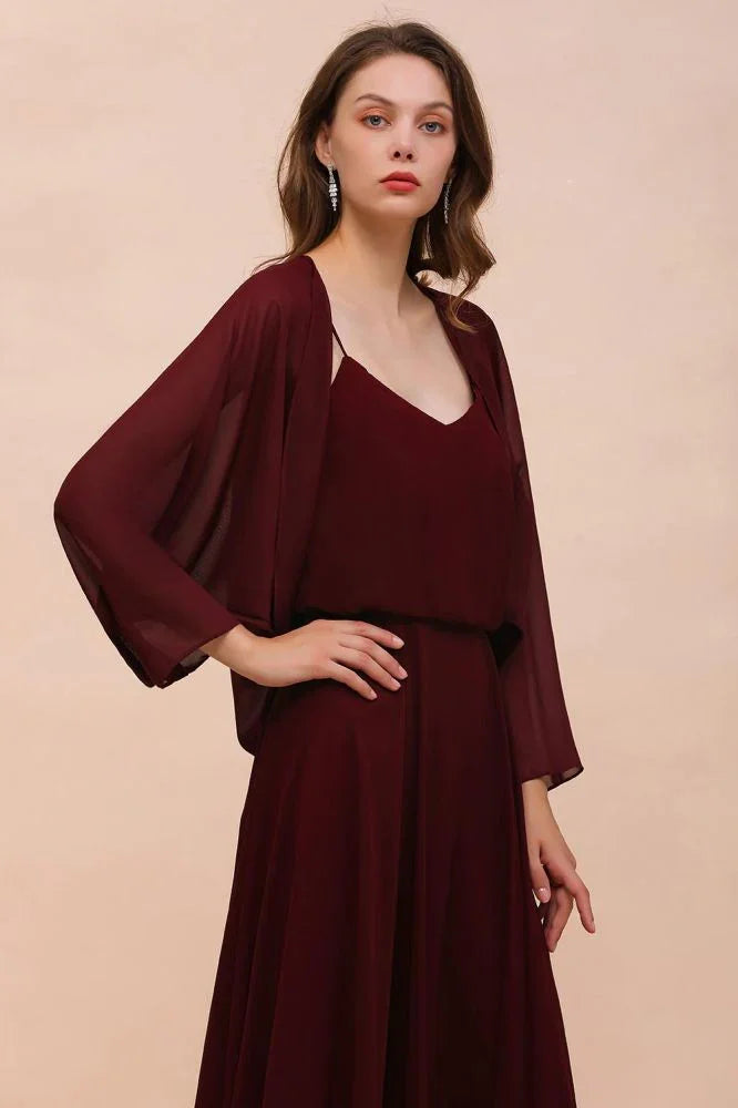 Spaghetti Sraps Burgundy Bridesmaid Dress with Wraps Floor Length Wedding Guest Dres