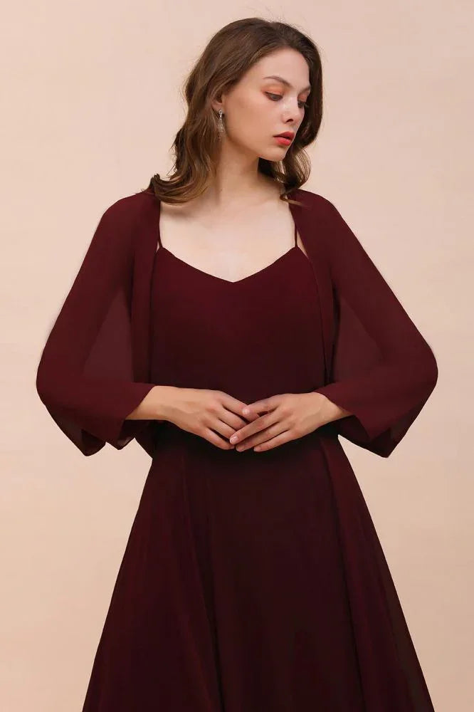 Spaghetti Sraps Burgundy Bridesmaid Dress with Wraps Floor Length Wedding Guest Dres