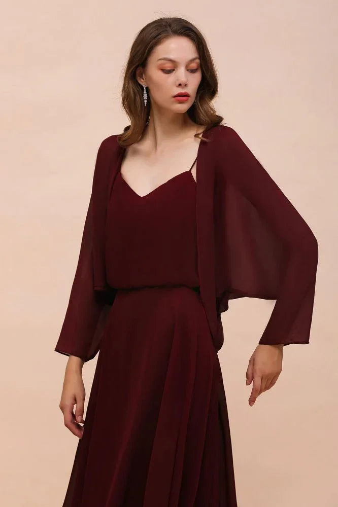 Spaghetti Sraps Burgundy Bridesmaid Dress with Wraps Floor Length Wedding Guest Dres