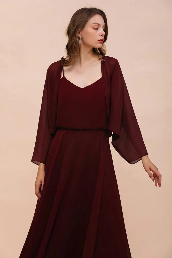 Spaghetti Sraps Burgundy Bridesmaid Dress with Wraps Floor Length Wedding Guest Dres