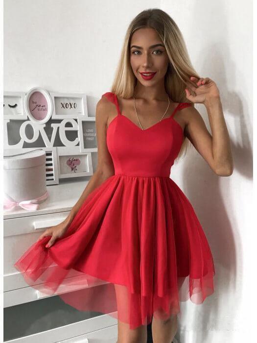 Vestido Curto Vermelho de Alças Finas para Baile de Finalistas Mini Vestido para Festa de Receção