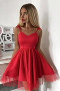 Vestido Curto Vermelho de Alças Finas para Baile de Finalistas Mini Vestido para Festa de Receção