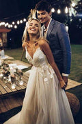 Robes de mariée de plage à bretelles spaghetti, col en V, dos nu