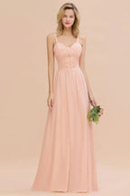 Spaghettiträger A-Linien Brautjungfernkleid Herzausschnitt Chiffon Schwingendes Abendkleid