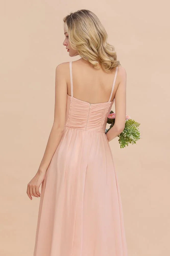 Spaghettiträger A-Linien Brautjungfernkleid Herzausschnitt Chiffon Schwingendes Abendkleid
