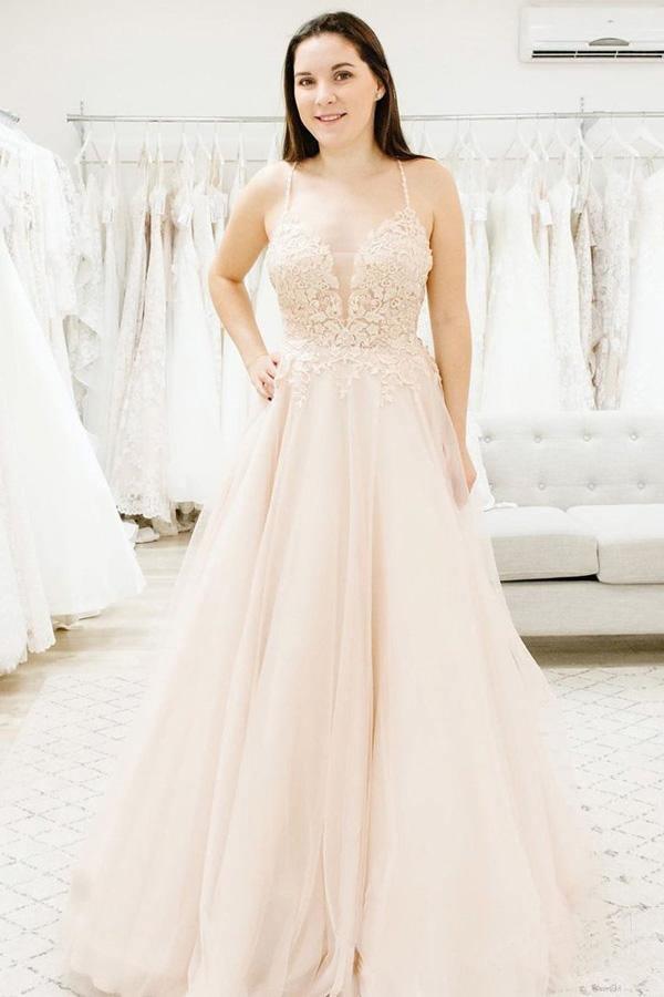 Spaghetti Straps Illusion Plunging V Neckline Wedding Dress
