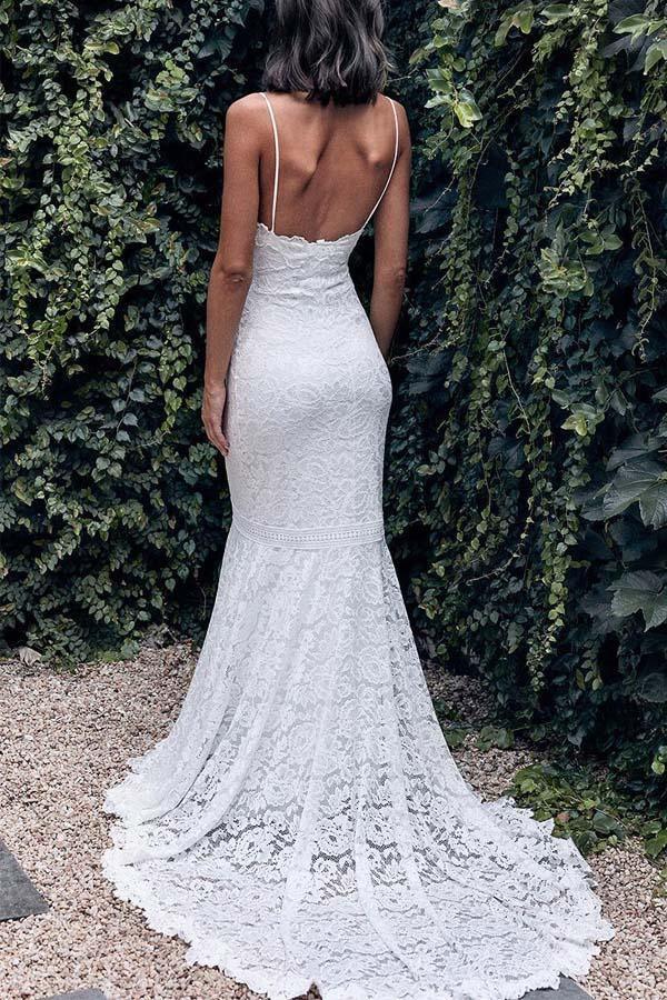 Abito da sposa avorio con spalline sottili, modello sirena, tutto in pizzo