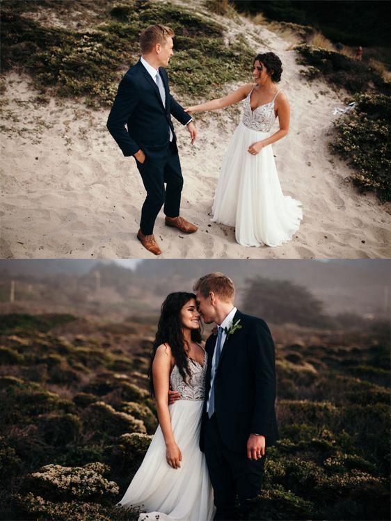 Vestidos de Noiva Rústicos com Alças Finas, Decote e Corte em A com Contas