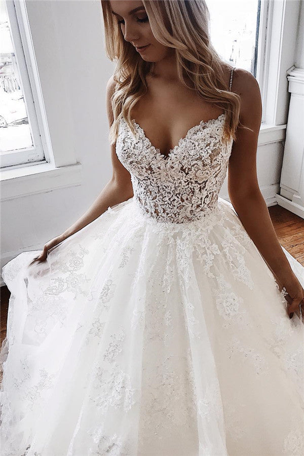 Spaghetti Strap Open Back Lace Wedding Dress A Line Sleeveless Floor Length