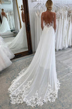 Open Back Spaghetti Straps Lace Appliques A Line Wedding Dress With Chapel Train