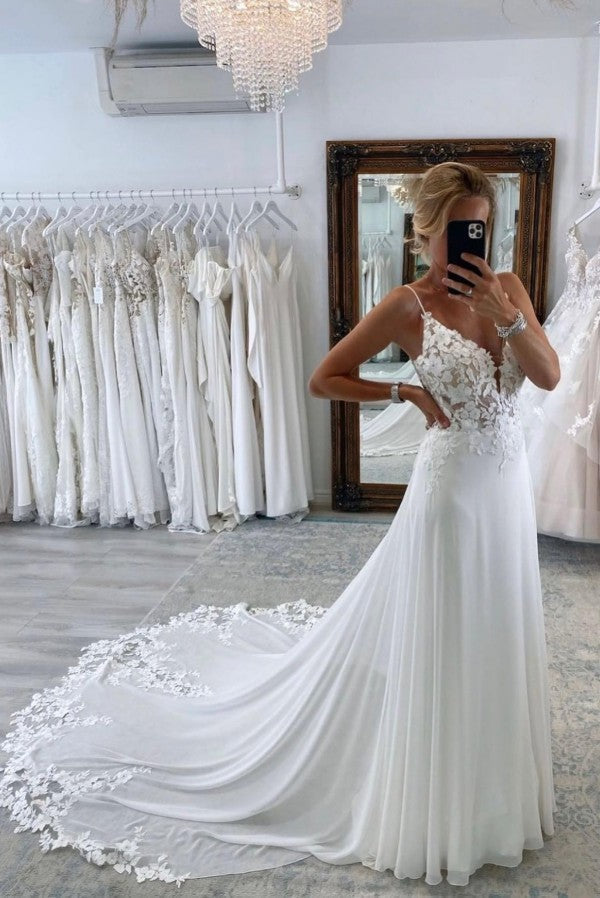 Open Back Spaghetti Straps Lace Appliques A Line Wedding Dress With Chapel Train