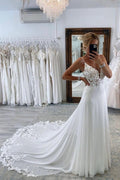 Open Back Spaghetti Straps Lace Appliques A Line Wedding Dress With Chapel Train