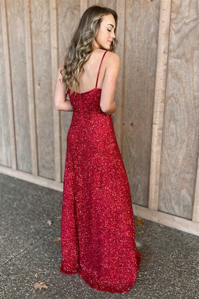 Vestido longo de cerimónia com alças finas e lantejoulas vermelhas