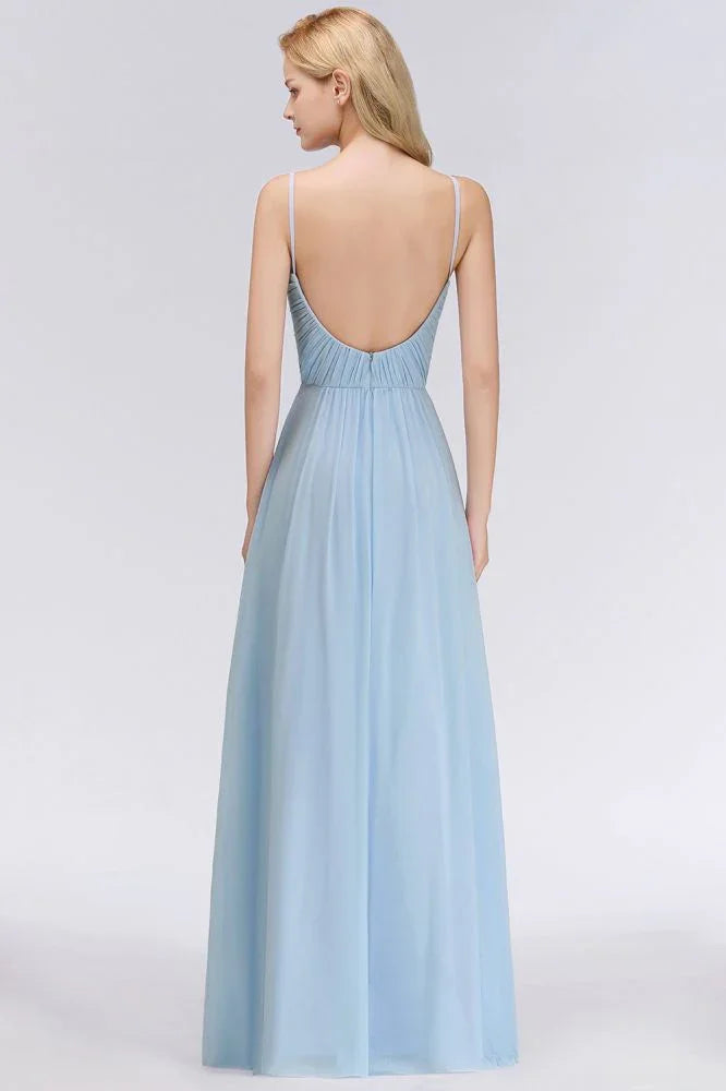 Spaghettiträger Kleid mit Rüschen aus Chiffon für Brautjungfern Himmelblau A-Linien Hochzeitsfestkleid