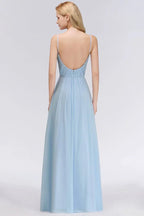 Spaghettiträger Kleid mit Rüschen aus Chiffon für Brautjungfern Himmelblau A-Linien Hochzeitsfestkleid