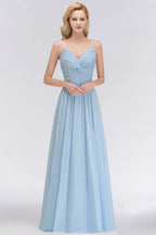 Spaghettiträger Kleid mit Rüschen aus Chiffon für Brautjungfern Himmelblau A-Linien Hochzeitsfestkleid