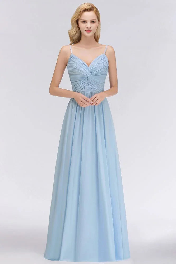Spaghettiträger Kleid mit Rüschen aus Chiffon für Brautjungfern Himmelblau A-Linien Hochzeitsfestkleid