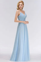 Spaghettiträger Kleid mit Rüschen aus Chiffon für Brautjungfern Himmelblau A-Linien Hochzeitsfestkleid