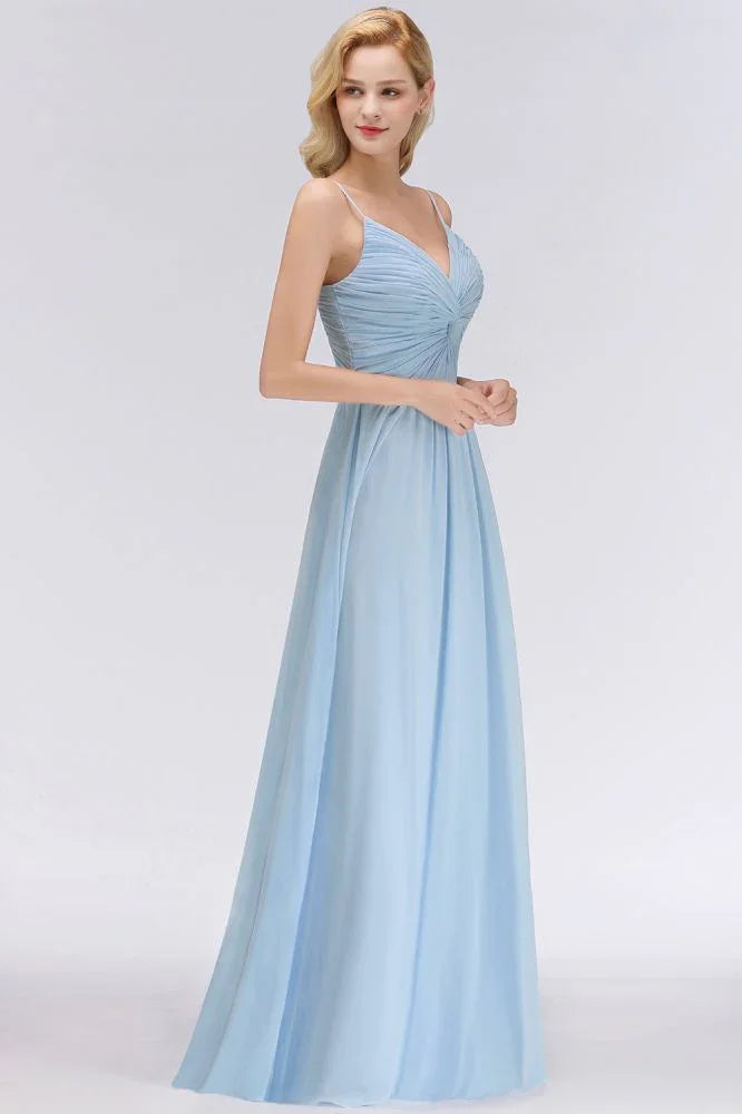 Spaghettiträger Kleid mit Rüschen aus Chiffon für Brautjungfern Himmelblau A-Linien Hochzeitsfestkleid