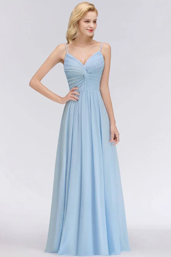 Spaghettiträger Kleid mit Rüschen aus Chiffon für Brautjungfern Himmelblau A-Linien Hochzeitsfestkleid
